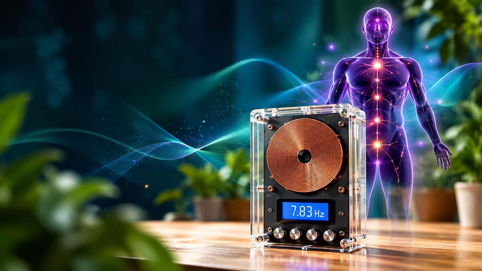 Calminity frequency generator with frequency waves and body visualization